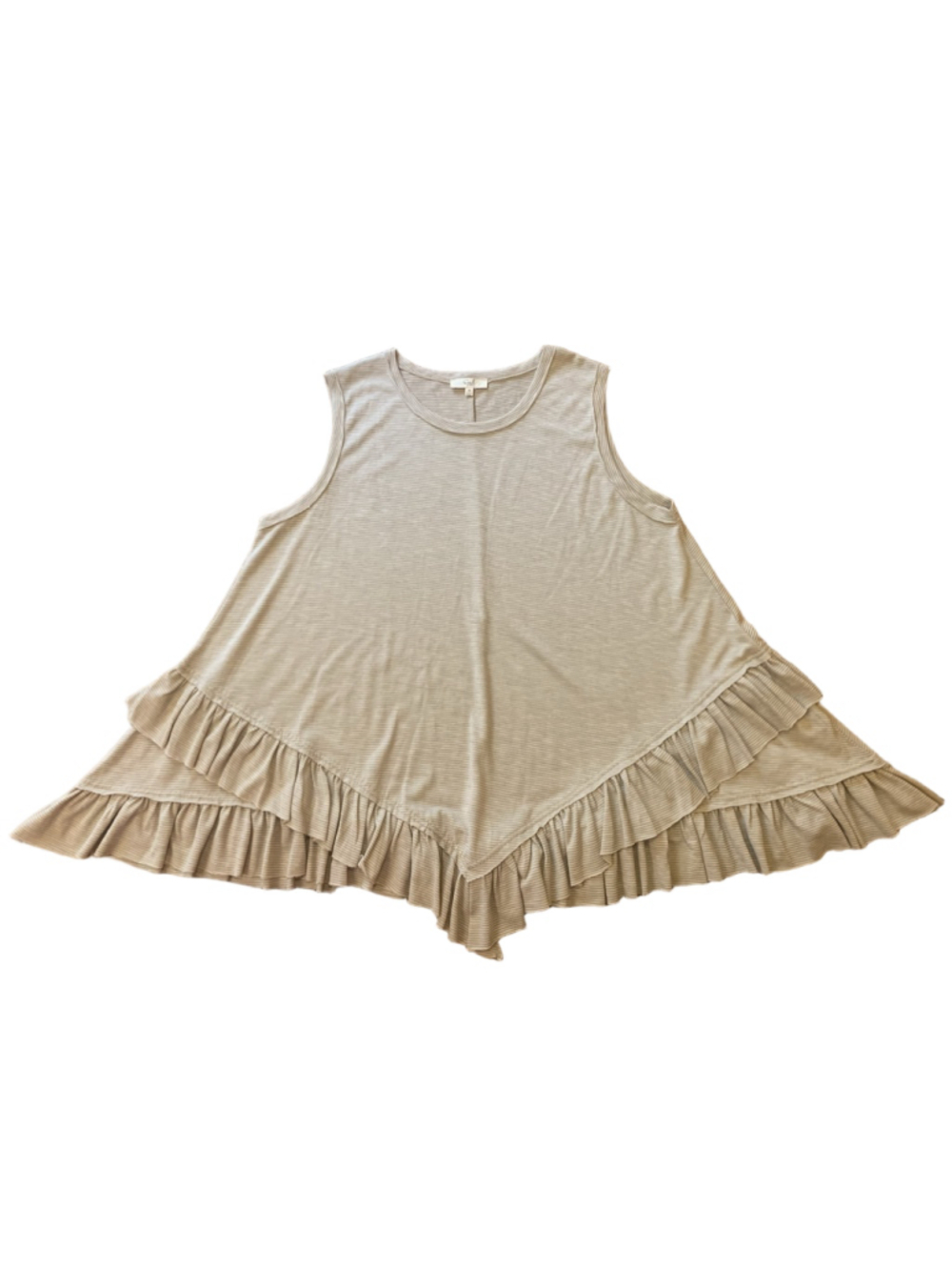 Easel Top Medium Tan and cream Stripes Sleeveless Ruffle Detail Over-sized